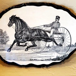 Vintage Victorian Harness Horse Racing Wooden Plaque Picture Pen Ink Lacquered
